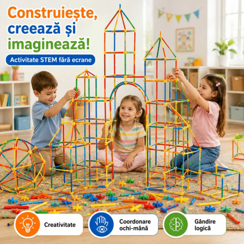 Set constructie copii 408 piese | paie si conectori | jucarie 3D STEM [1]