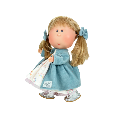 Papusa Nines D'Onil, Mia, cu parul blond si funde albastre, cu articulatii, cu miros de vanilie, 30 cm, copii varsta 3 ani+,6 ani+,8 ani+ [1]