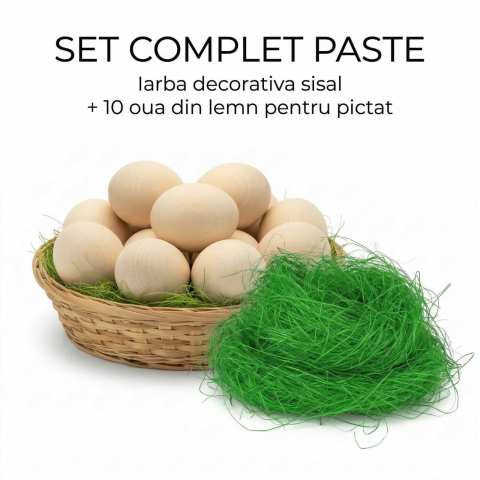Seturi creative pentru copii - Pachet Paste: iarba decorativa verde 100g + 10 oua din lemn pentru pictat