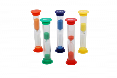 Jucării și Jocuri pentru copii - Set de 5 miniclepsidre cu nisip colorat si cronometrare diferita