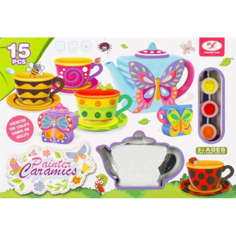 Art & Craft si Artizanat - Set de ceai - pentru pictat - ceramica, 15 piese, acurele si pensula incluse, MegaCreative 501294, 3+ ani