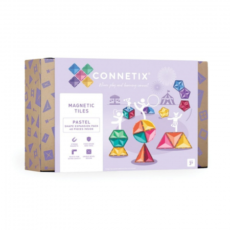 Jocuri și Jucării Magnetice - Set de constructie magnetic, 48 de piese, cu forme geometrice, Pastel, Magnetic Tiles