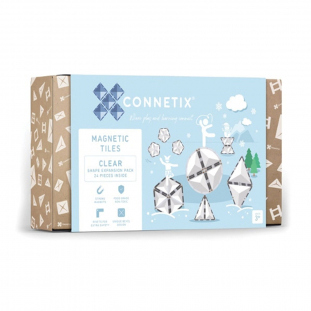 Jocuri și Jucării Magnetice - Set de constructie magnetic, 24 de piese, cu forme geometrice, Transparent Gheata, Expansion Pack Clear Shape, Magnetic Tiles