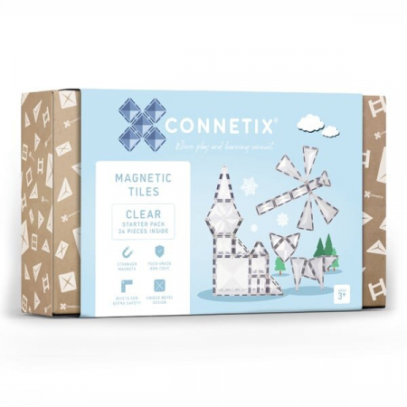 Jucării și Jocuri pentru copii - Set de constructie magnetic, 34 de piese transparente, cu forme geometrice, Clear Connetix Magnetic Tiles