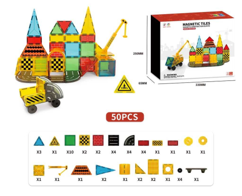 Set de constructie magnetic, 50 piese, 3D, Vehicule Santier, STEM, Blocuri magnetice [11]