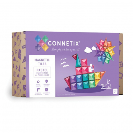 Jocuri și Jucării Magnetice - Set de constructie magnetic, 64 de piese, cu forme geometrice, Pastel, Magnetic Tiles