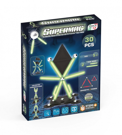 Jucării și Jocuri pentru copii - Set de constructie magnetic Supermag Projects Glow, 30 piese