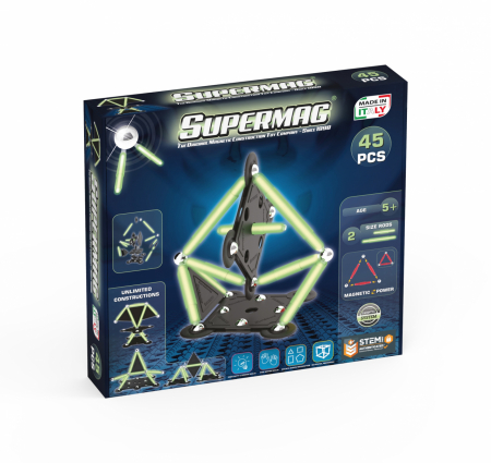 Jucării și Jocuri pentru copii - Set de constructie magnetic Supermag Projects Glow, 45 piese