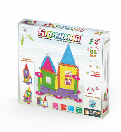 Jucării și Jocuri pentru copii - Set de constructie magnetic Supermag Projects House, 55 piese