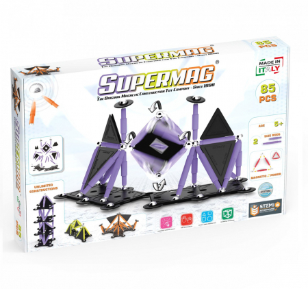 Jucării și Jocuri pentru copii - Set de constructie magnetic Supermag Projects Tehnicolor, 85 piese