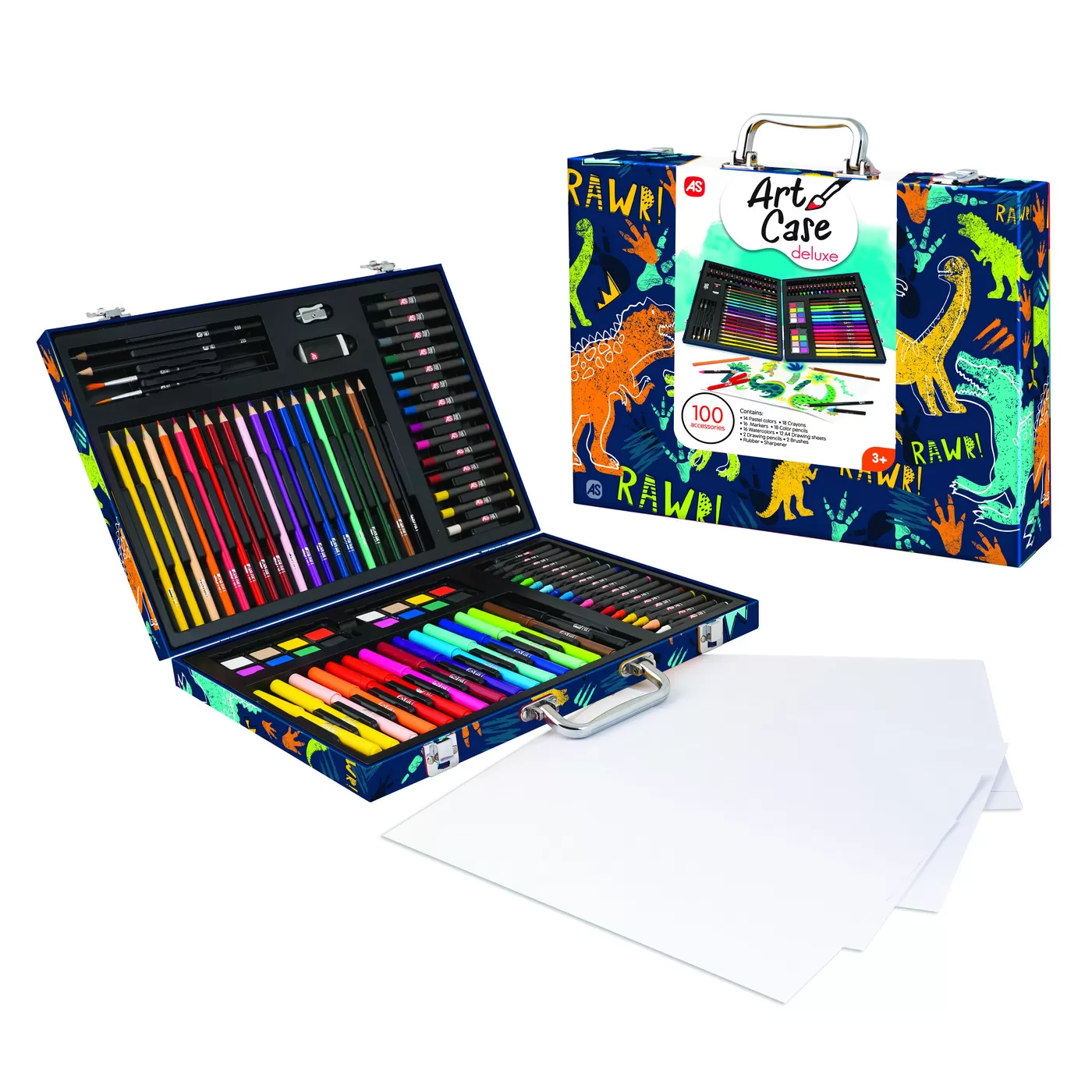 Seturi colorat, pictură și desen - Set 100 Accesorii pictura si desen, Deluxe, Model Dinozaur, ART Case, varsta de la 3 ani la 7 ani