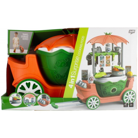 Jucării și Jocuri pentru copii - Set de joaca 4 in 1 - bucatarie utilata - accesorii diverse, cu maner, pe roti, verde-portocaliu, MegaCreative 460502, 3+ ani