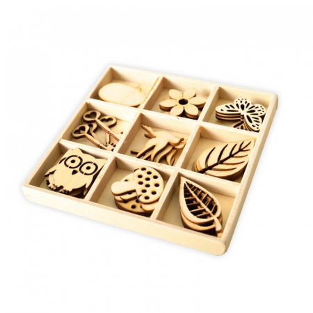 Set decoratiuni din lemn, 36 bucati, modele: bufnita, inima, pasare, cheie [1]