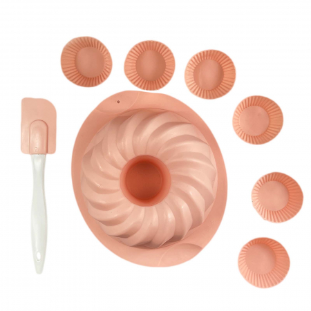 Set forme din silicon, tort si briose, cu spatula, 6 piese, Roz [1]