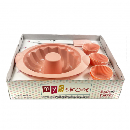Set forme din silicon, tort si briose, cu spatula, 6 piese, Roz [5]