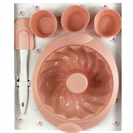 Set forme din silicon, tort si briose, cu spatula, 6 piese, Roz [4]