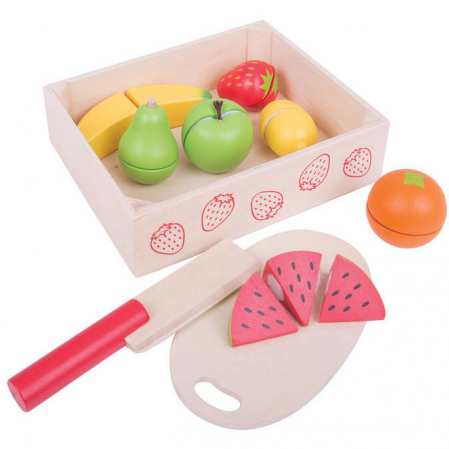 Jucării și Jocuri pentru copii - Cutie cu fructe de feliat din lemn, cutit si tocator BigJigs.