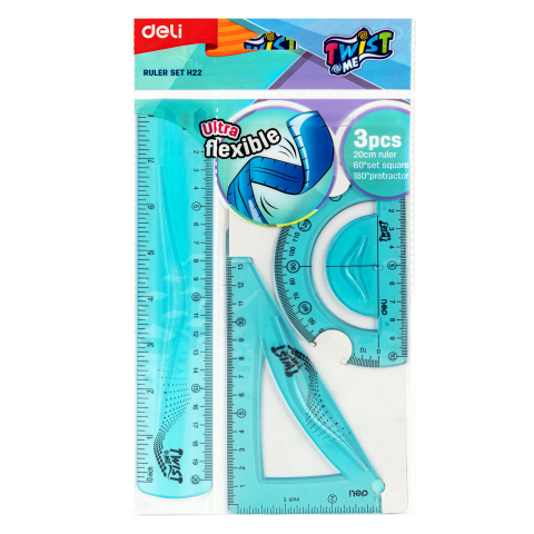Rechizite Școlare - Set geometrie 3 piese flexibil twist me color (rig.20, ech.13cm, raportor) deli