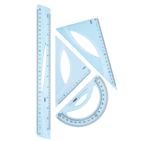 Rechizite Școlare - Set geometrie 4 piese albastru transparent (rig30cm, ech*2, rap) deli