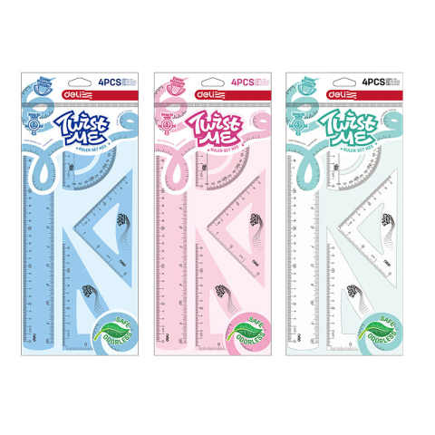 Set geometrie 4 piese flexibil twist me color (rig30cm, ech*2, rap) deli [3]