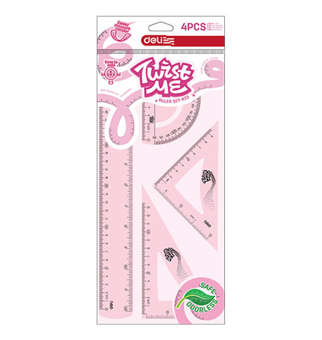 Set geometrie 4 piese flexibil twist me color (rig30cm, ech*2, rap) deli [1]