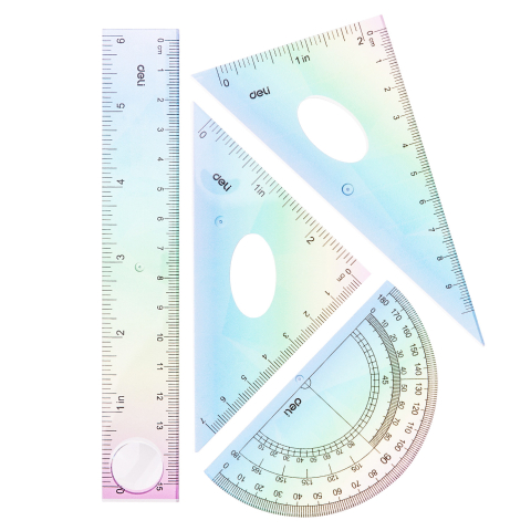 Rechizite Școlare - Set geometrie 4 piese multicolor (rig.15cm, ech*2, rap) deli