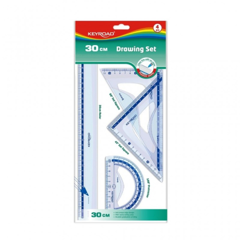 Instrumente de Geometrie: Rigle, Echere, Compasuri si Truse - Set geometrie Keyroad KR971429, 30cm, PVC, blister 4 piese
