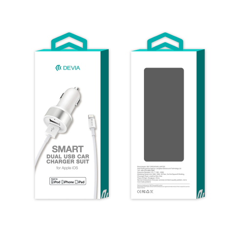 Laptop, Tablete & Telefoane - Set Incarcator Auto Devia  Smart Series Dual USB  2.4A cu cablu USB la Lightning (MFI)  White 