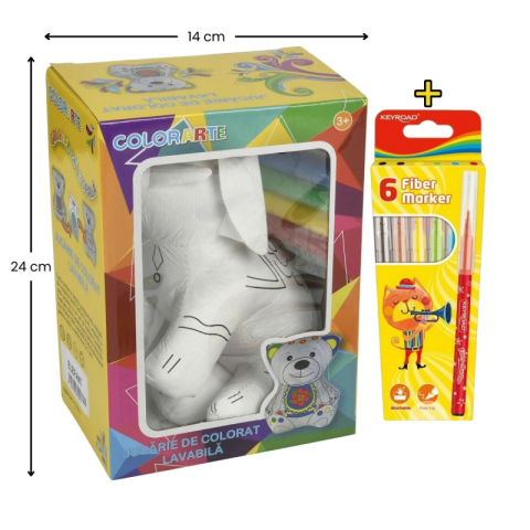 Rechizite Școlare - Set Jucarie vatelina pentru colorat lavabila + Carioci Keyroad Washable, 6 culori - 20x14cm - elefant, Colorarte