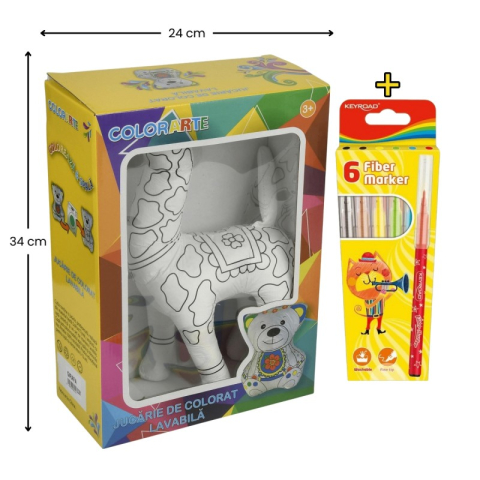 Rechizite Școlare - Set Jucarie vatelina pentru colorat lavabila + Carioci Keyroad Washable, 6 culori - 34x24cm - girafa, Colorarte