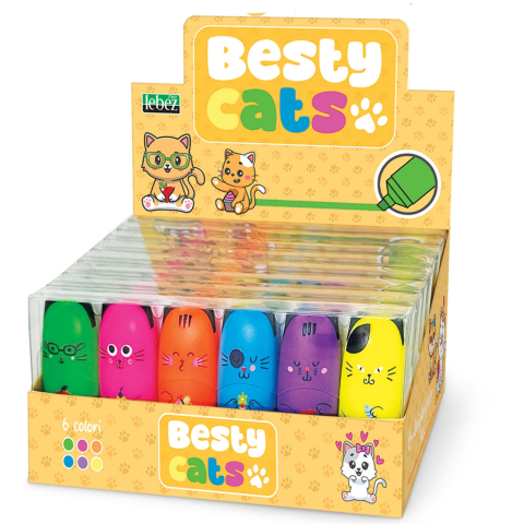 Rechizite Școlare - Set marker evidențiator fluo Besty Cats, 6 culori  (6 buc/blister, 8 buc/display)