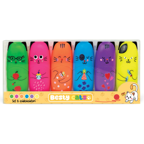 Set marker evidențiator fluo Besty Cats, 6 culori  (6 buc/blister, 8 buc/display) [1]