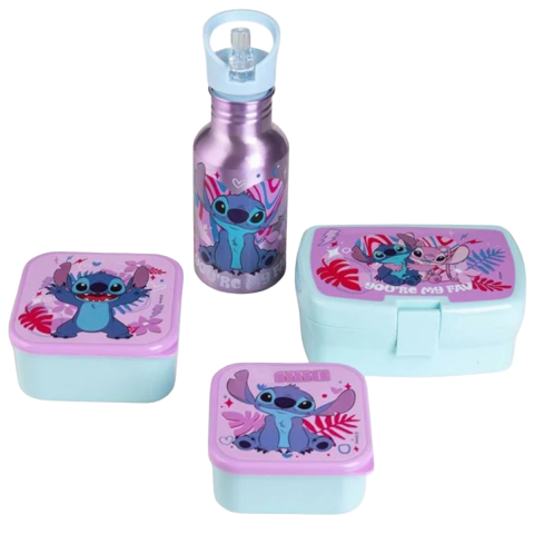 Rechizite Școlare - Set Masa Pranz pentru copii, Stitch & Angel, Sticla si 3 Caserole, Fara BPA