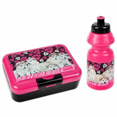 Caserole, cutii alimentare - Set mic dejun pentru copii, bidon si cutie de pranz cu design adorabil cu catelusi