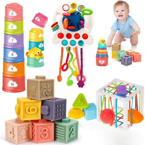 Jucării și Jocuri pentru copii - Set Montessori Jucarii Bebelusi 4 in 1, Cuburi Senzoriale, Turn de Baie, Forme si Dentitie, 6-18 Luni