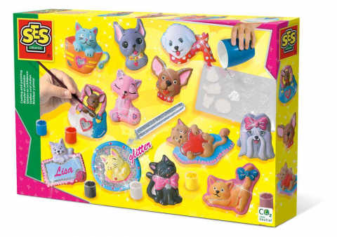 Figurine de pictat, Ipsos, Lemn - Set pentru realizarea unor figurine din ipsos. Pensula si acuarele incluse. 5 ani+