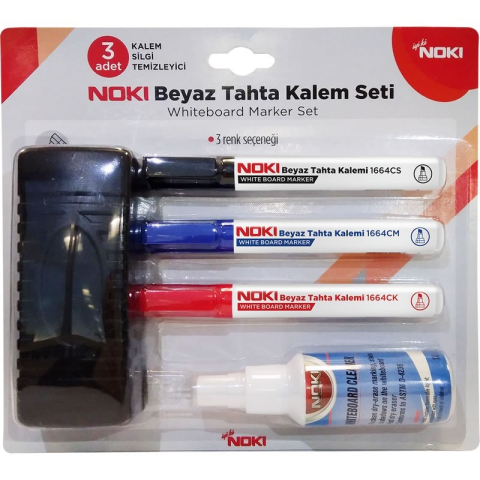 Detergenti si Curatenie - Set pentru tabla Noki 1664SET, varf rotund, 3 culori (negru, albastru, rosu) + burete tabla + solutie curatare tabla