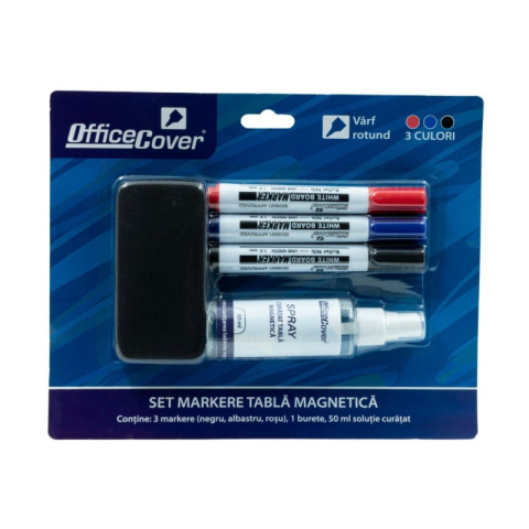 Detergenti si Curatenie - Set pentru tabla Office Cover, varf rotund, 3 culori (negru, albastru, rosu) + burete tabla + solutie curatare tabla