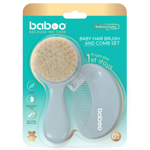 Diversificare si Ingrijire Bebe - Set perie si pieptene bebe baboo - albastru, 0 luni+