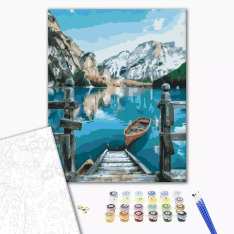 Art & Craft si Artizanat - Set pictura pe numere 30x40cm, Brushme - Barca pe lacul Braies - pensule, culori, RBS29450