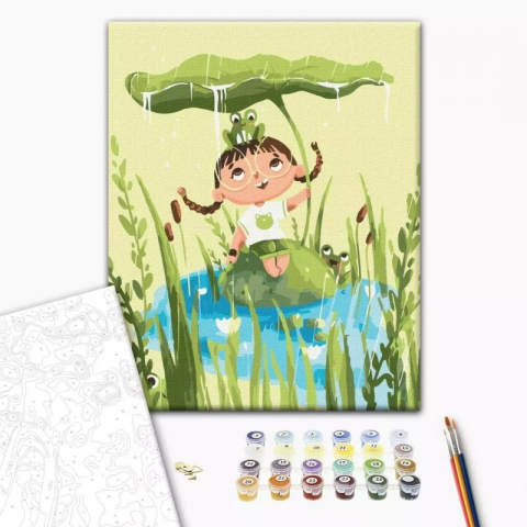 Art & Craft si Artizanat - Set Pictura pe numere 30x40cm, Brushme - Fetita cu broscute - panza, cadru de lemn, pensule, culori acrilice, KBS0125