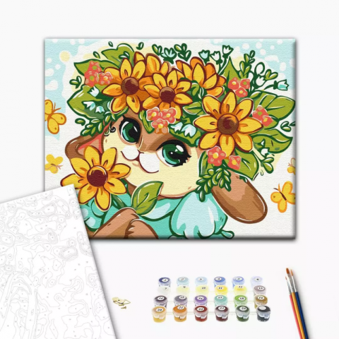 Art & Craft si Artizanat - Set pictura pe numere 30x40cm, Brushme - Iepuras cu flori - pensule, culori, KBS0141