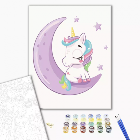 Art & Craft si Artizanat - Set pictura pe numere 30x40cm, Brushme - Unicorn pe luna - pensule, culori, KBS7119