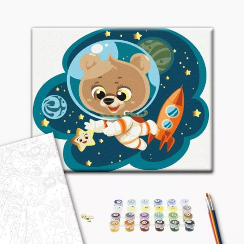 Art & Craft si Artizanat - Set Pictura pe numere 30x40cm, Brushme - Ursulet in spatiu - panza, cadru de lemn, pensule, culori acrilice, KBS0092