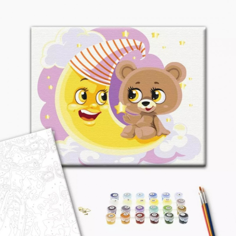 Art & Craft si Artizanat - Set Pictura pe numere 30x40cm, Brushme - Ursulet pe luna - panza, cadru de lemn, pensule, culori acrilice, KBS0088