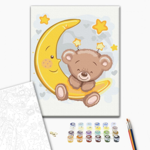 Art & Craft si Artizanat - Set Pictura pe numere 30x40cm, Brushme - Ursulet prins de luna - panza, cadru de lemn, pensule, culori acrilice, KBS0107