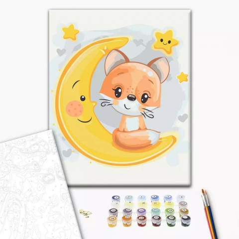 Art & Craft si Artizanat - Set Pictura pe numere 30x40cm, Brushme - Vulpita pe luna - panza, cadru de lemn, pensule, culori acrilice, KBS0108