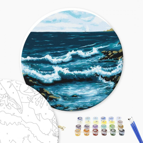 Art & Craft si Artizanat - Set Pictura pe numere 40x40cm, Brushme - Mare agitata - rotunda, panza, cadru de lemn, pensule, culori acrilice, RC00050L