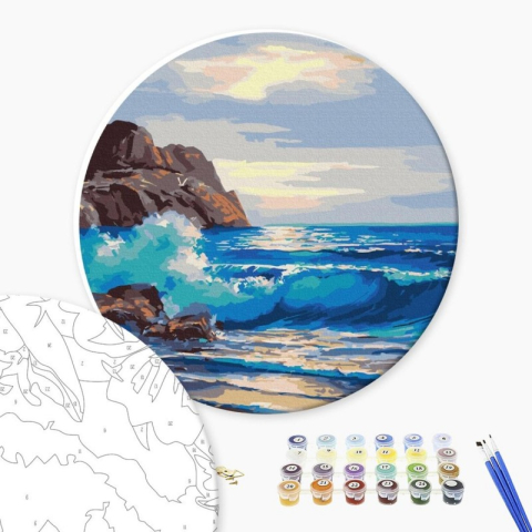 Art & Craft si Artizanat - Set Pictura pe numere 40x40cm, Brushme - Ocean agitat - rotunda, panza, cadru de lemn, pensule, culori acrilice, RC00049L