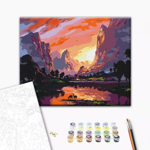 Art & Craft si Artizanat - Set Pictura pe numere 40x50cm, Brushme - Apus de soare in munti - panza, cadru de lemn, pensule, culori acrilice, BS51977